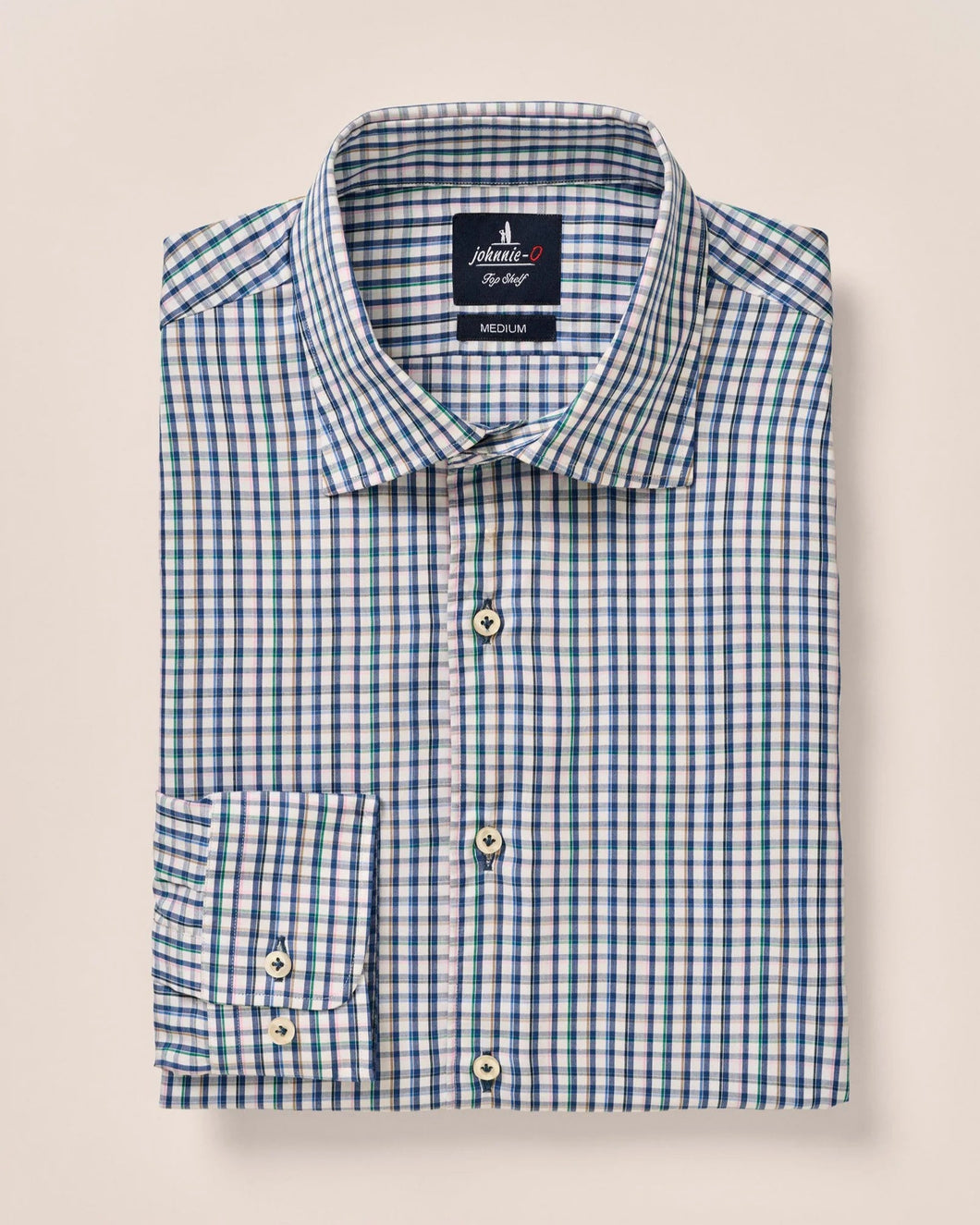 A long sleeve button-up shirt with a checkered pattern in blue and white, featuring a hidden button-down collar and embroidered logo at the bottom tail.