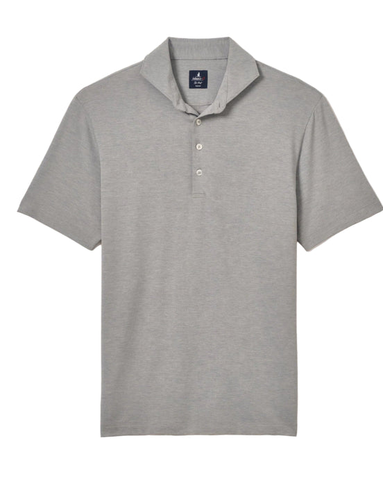 A short-sleeved, button-up polo shirt in black color with a collar and a three-button placket.