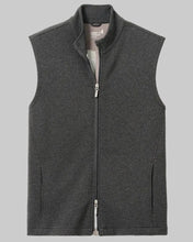 A dark gray ribbed knit zip-up vest with a stand collar, displayed flat against a light beige background.