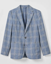 Blue checkered blazer on a light gray background