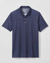 Navy blue polo shirt with white pattern on a light gray background