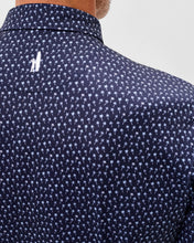 Navy blue shirt with white pattern and Polo Ralph Lauren logo on a white background