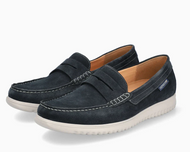 Pair of navy blue loafers on a white background