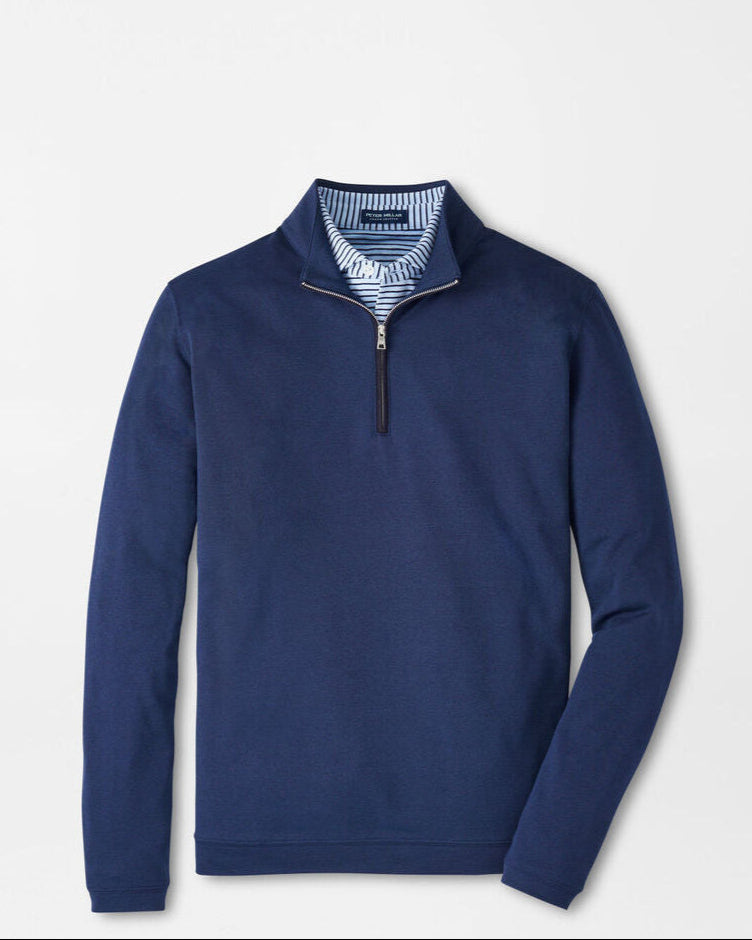 Blue long-sleeve shirt with a zipper on a light gray background