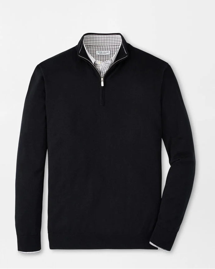 Black long-sleeve shirt with a white collar on a light gray background