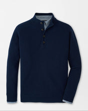 Navy blue sweater with button details on a light gray background