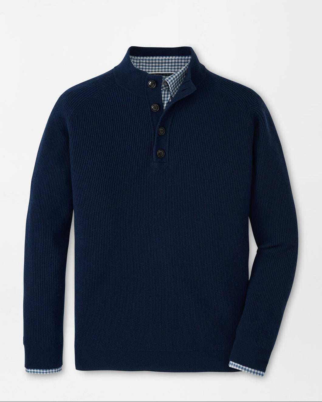 Navy blue sweater with button details on a light gray background