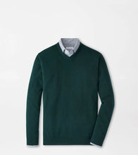 Green sweater with a white shirt underneath on a light gray background