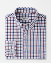 button down shirt in blue and wine plaid pattern