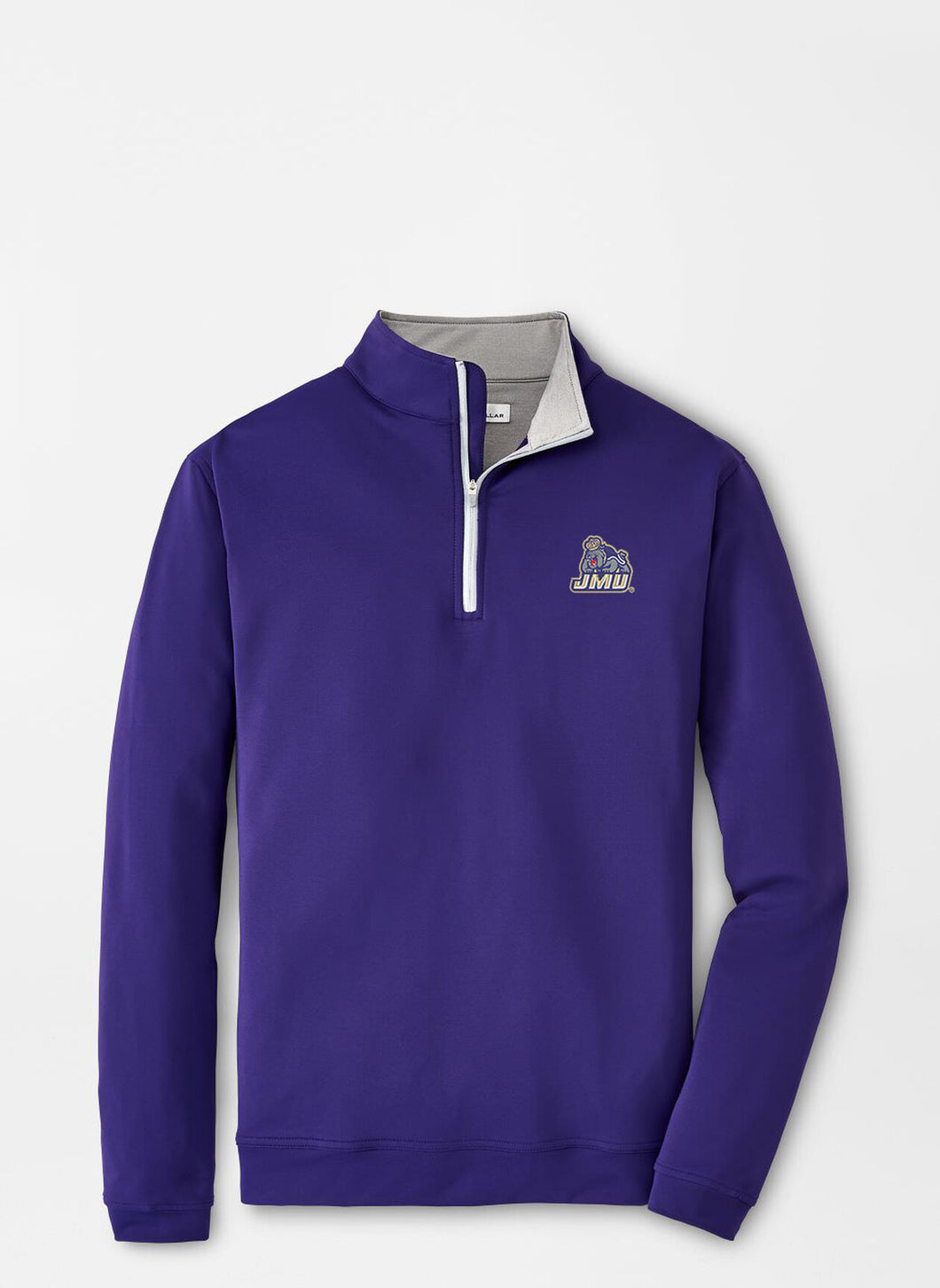 Purple pullover with a logo on a light gray background