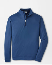 Blue long-sleeve pullover with a quarter zip on a light gray background