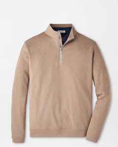 Beige long-sleeve shirt with a quarter-zip on a light gray background
