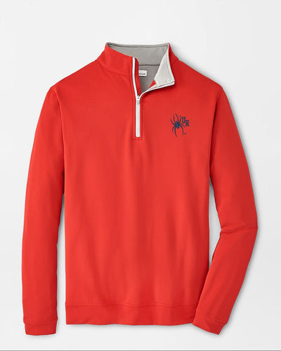 Red long-sleeve shirt with a logo on a light gray background