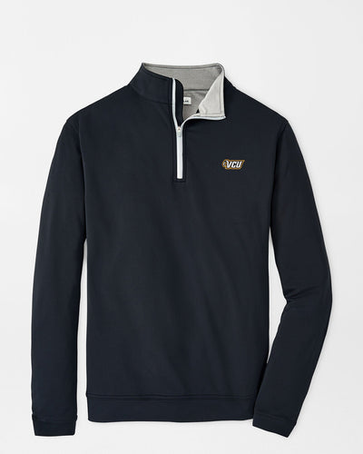 Navy pullover with a logo on a white background