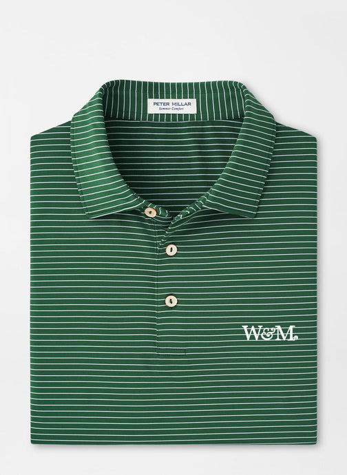 Folded green striped polo shirt with a logo on a white background