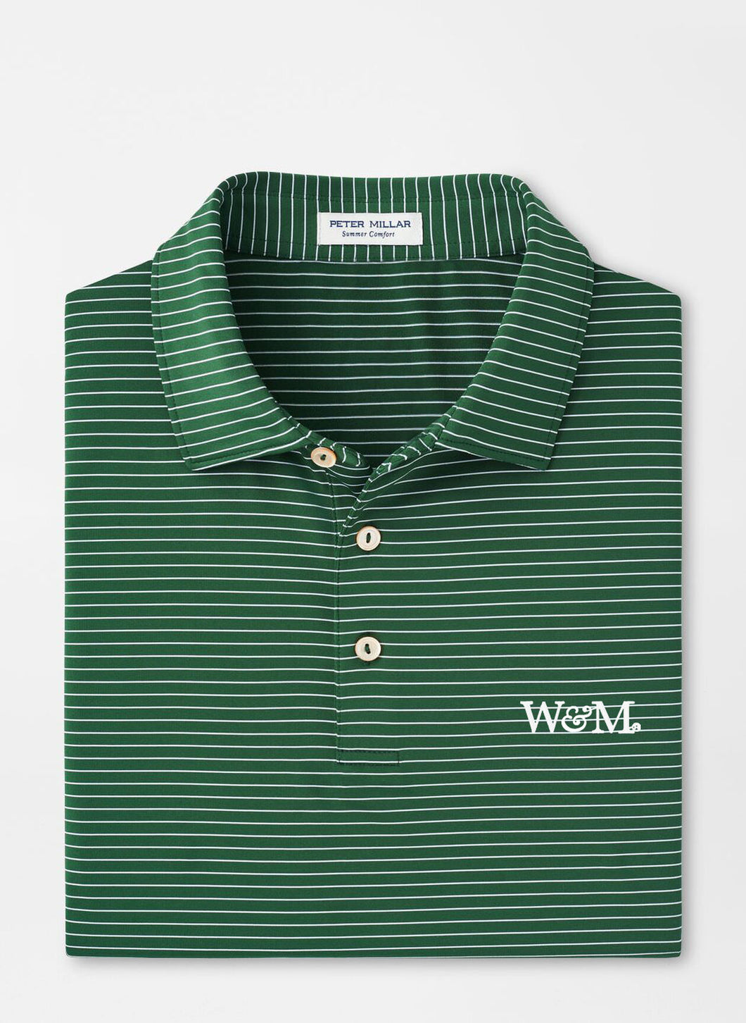 Folded green striped polo shirt with a logo on a white background