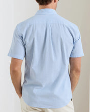 A man viewed from behind wearing a light blue short-sleeve button-down shirt with a subtle micro-check pattern and cream trousers, set against a minimalist off-white background.