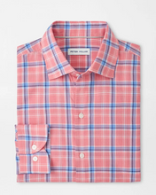 Peter Millar Pink and blue plaid shirt on a light gray background