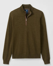 An olive brown quarter-zip knit sweater with a mock neck collar, displayed on a light gray background.