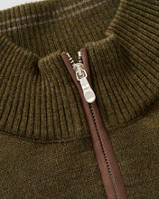 close up of suede zipper trim and ribbed collar of brown sweater quarter-zip from Johnnie-O