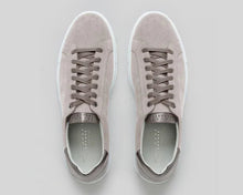 Pair of light gray sneakers on a light gray background