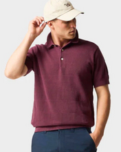man in burgundy polo shirt and navy shorts