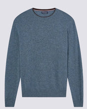 blue crew neck cashmere sweater with brown rim around collar