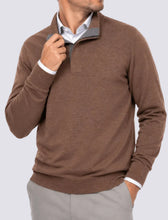 Man wearing Turtleson quarter button sweater in brown with grey trim