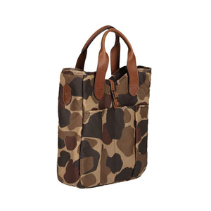 side view of camo tote bag showing 4 inch side width