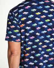 Navy blue shirt with colorful car pattern on a white background