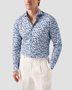 Eton Blue Palm Print Cotton Stretch Dress Shirt