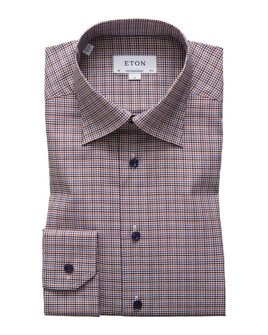 Eton Orange and Brown Checkered Twill Shirt-Slim