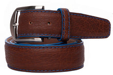 A brown belt with blue border and solid brass hardware.