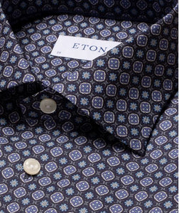 Eton Mid Blue Medallion Print Fine Twill Shirt-Contempo
